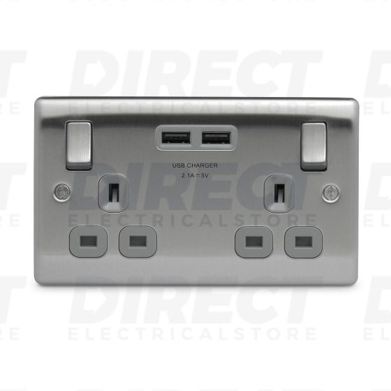 BG Electrical Nexus Metal Brushed Steel Double Switched 13A Power Socket with WiFi Extender Grey NBS22UWRG-01 1X USB Socket USB Charging 2.1A